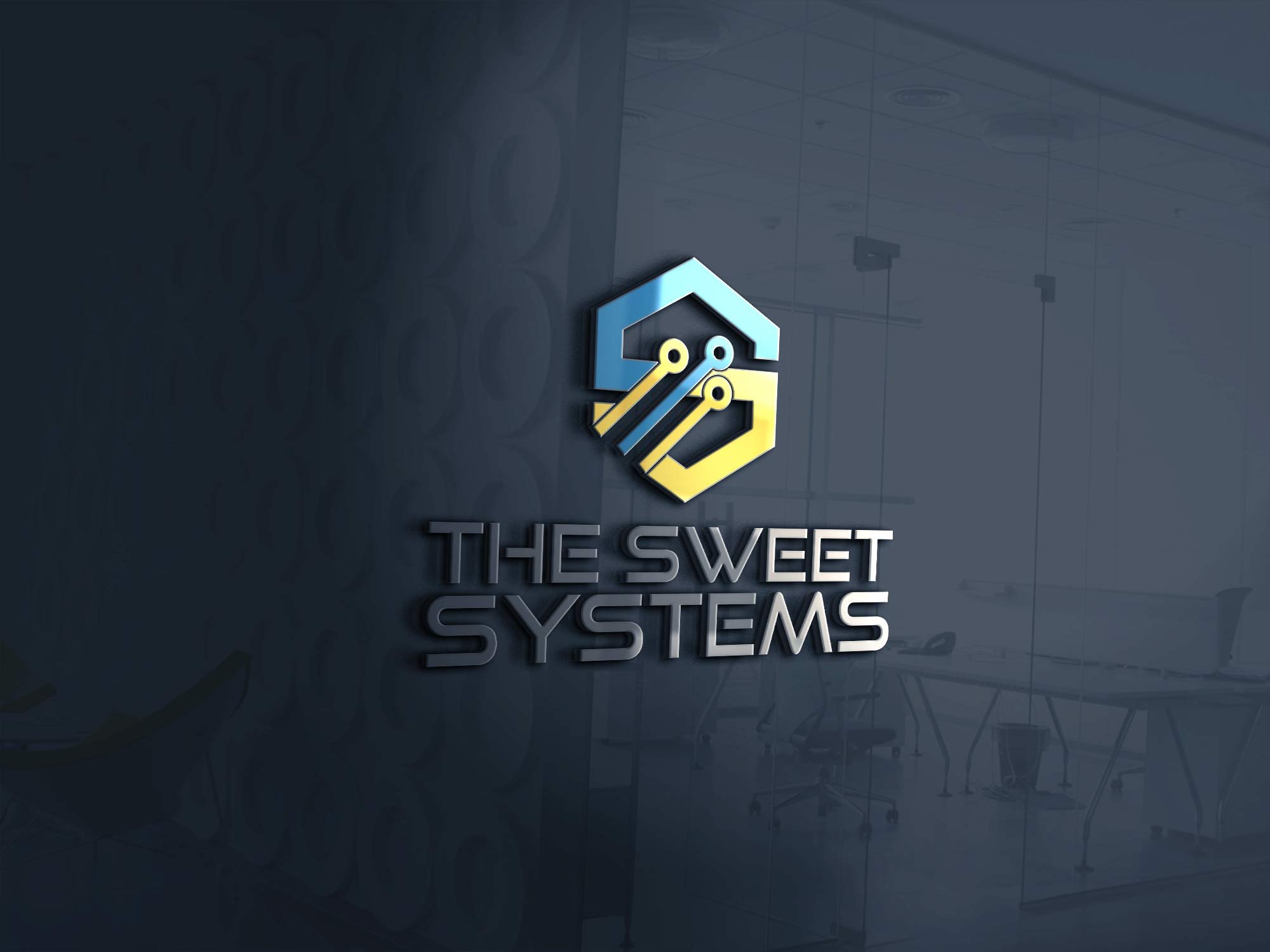 The Sweet Systems blue and gold emblem in a recording studio